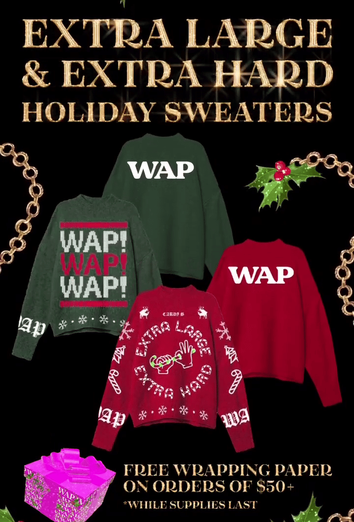 WAP holiday sweaters in green and red on display with gold chain border and holly decorations