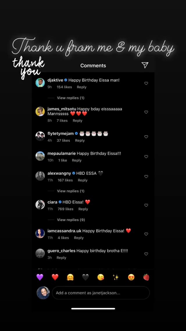 Instagram comments on Janet Jackson's birthday post thanking fans