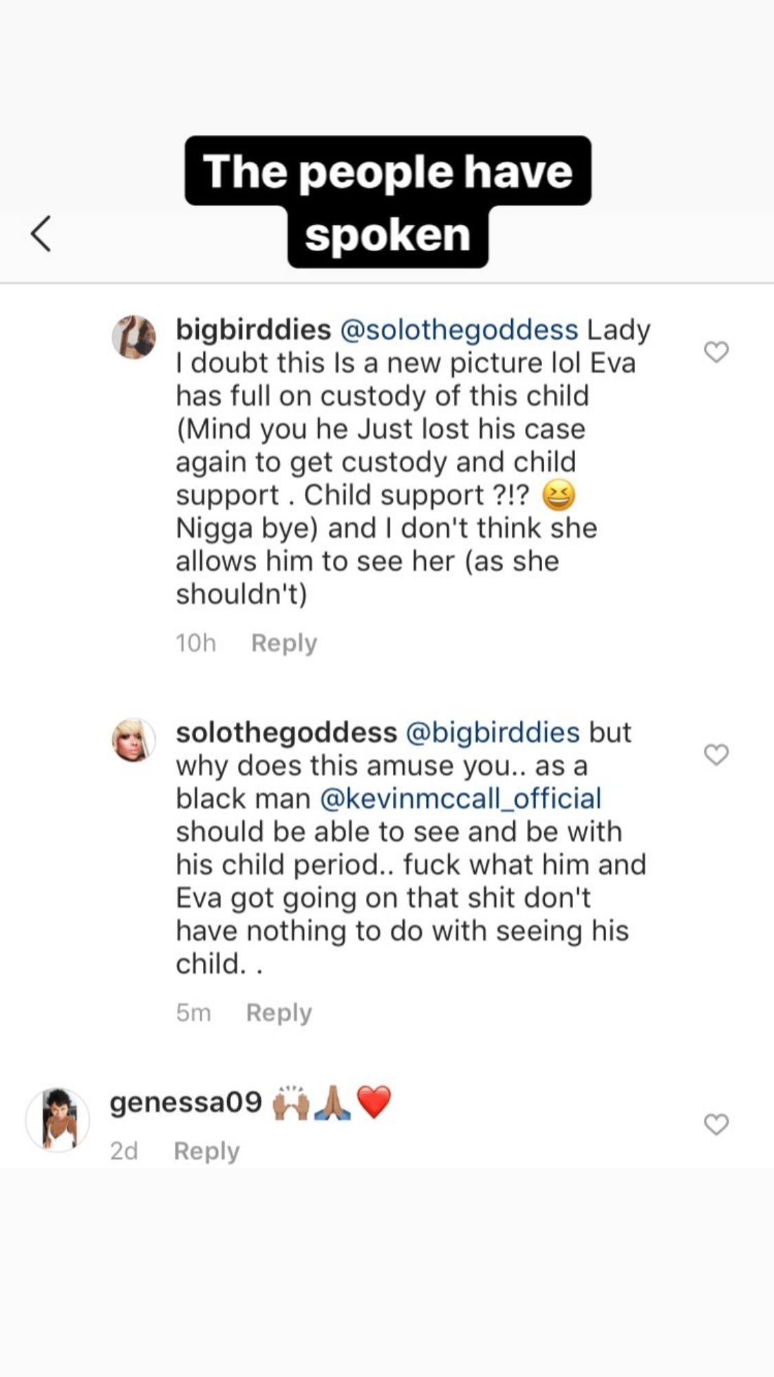 Social media comments discussing custody and child support dispute