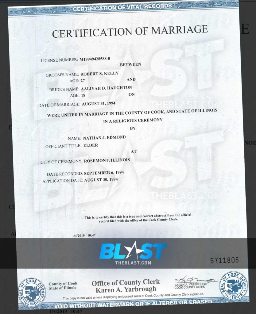 Aaliyah R Kelly Marriage Certificate